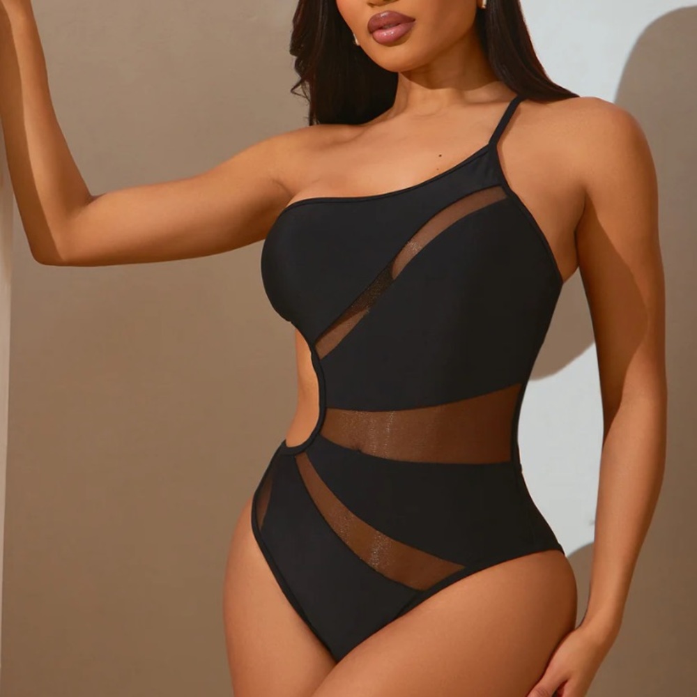 Black Cutout Sheer One Shoulder Swimsuit